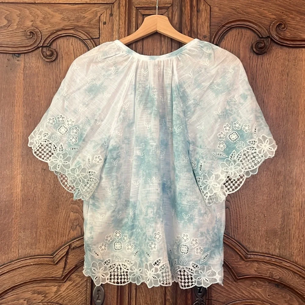 Anthropologie Embroidered Tie Dye Eyelet Lace Boho Puff‎ Sleeve Blouse